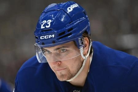 Dec 23, 2025; Toronto, Ontario, CAN; Toronto Maple Leafs forward Matthew Knies (23) prepares for a faceoff against the Pittsburgh Penguins in the third period at Scotiabank Arena. Mandatory Credit: Dan Hamilton-Imagn Images