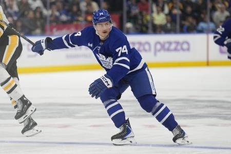 Nov 3, 2025; Toronto, Ontario, CAN; Toronto Maple Leafs forward Bobby McMann (74) skates against the Pittsburgh Penguins during the first period at Scotiabank Arena. Mandatory Credit: John E. Sokolowski-Imagn Images