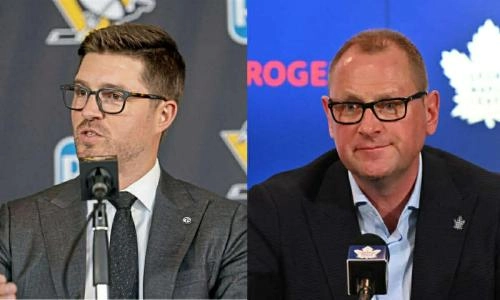 Pittsburgh Penguins GM Kyle Dubas (left) and Toronto Maple Leafs GM Brad Treliving (right)