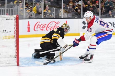 Dec 23, 2025; Boston, Massachusetts, USA; Montréal Canadiens right wing Ivan Demidov (93) scores a goal past Boston Bruins goaltender Jeremy Swayman (1) during the second period at TD Garden. Mandatory Credit: Bob DeChiara-Imagn Images