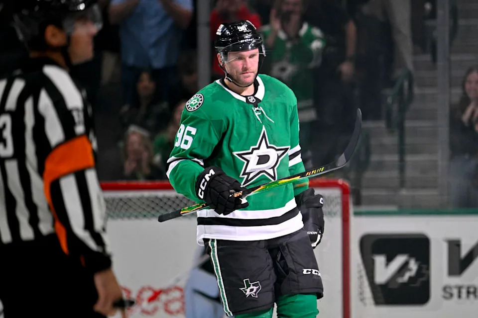 Dallas Stars right wing Mikko Rantanen (96) during a stoppage in play.Jerome Miron-Imagn Images