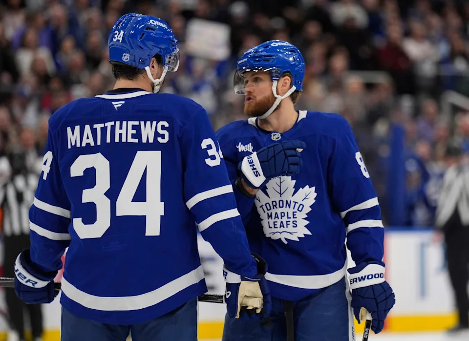 Toronto Maple Leafs forward William Nylander (88) and forward Auston Matthews (34) at Scotiabank Arena.John E&period; Sokolowski-Imagn Images