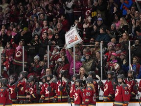 Ottawa Charge fans hold signs and wear pink in support of head coach Carla MacLeod, not shown, who announced she had been diagnosed with breast cancer and would miss the game as she began treatment, during first period PWHL hockey action between the Charge and the Minnesota Frost in Ottawa, on Tuesday, Dec. 2, 2025.