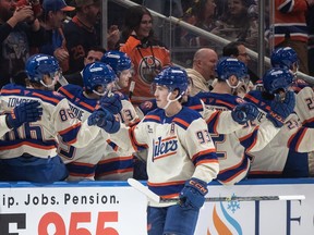 Edmonton Oilers' Ryan Nugent-Hopkins (93) celebrates a goal against the Winnipeg Jets during first period NHL action in Edmonton on Saturday, December 6, 2025.