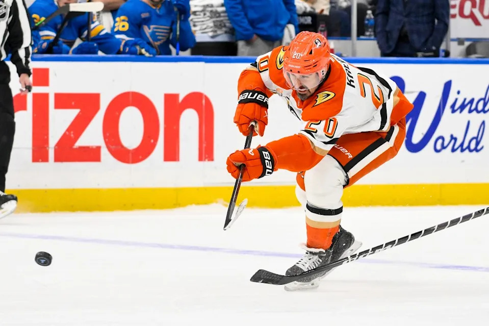 Ducks left wing Chris Kreider shoots and scores an empty net goal against the Blues during the third period at Enterprise Center. Jeff Curry-Imagn Images