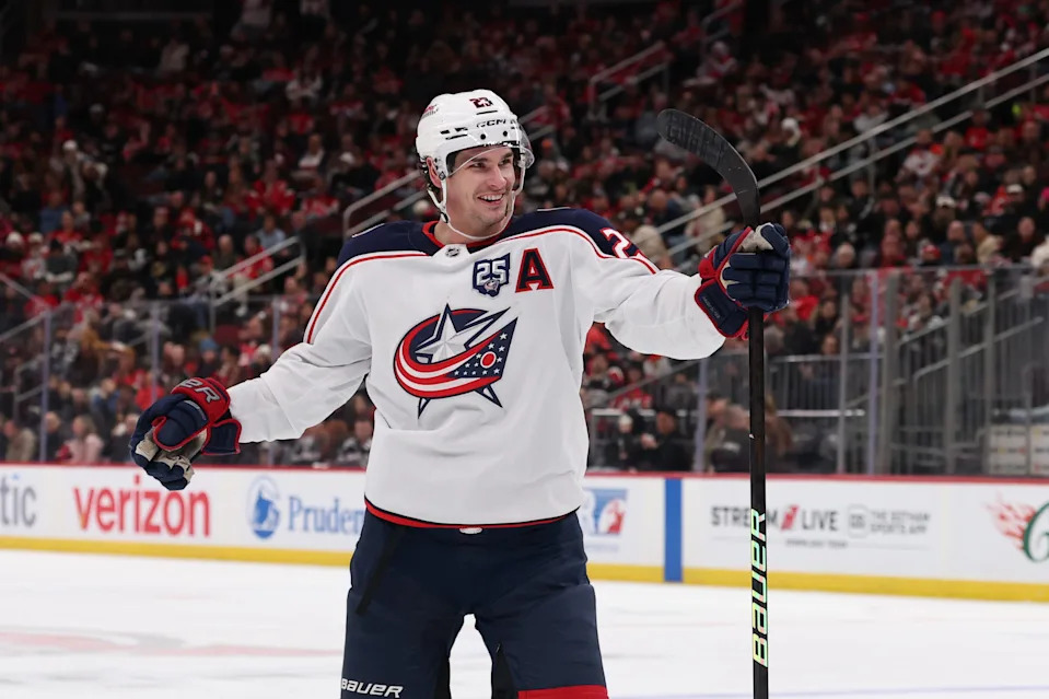 Dec 1, 2025; Newark, New Jersey, USA; Columbus Blue Jackets center Sean Monahan (23) celebrates his goal against the New Jersey Devils during the third period at Prudential Center. Mandatory Credit: Ed Mulholland-Imagn Images