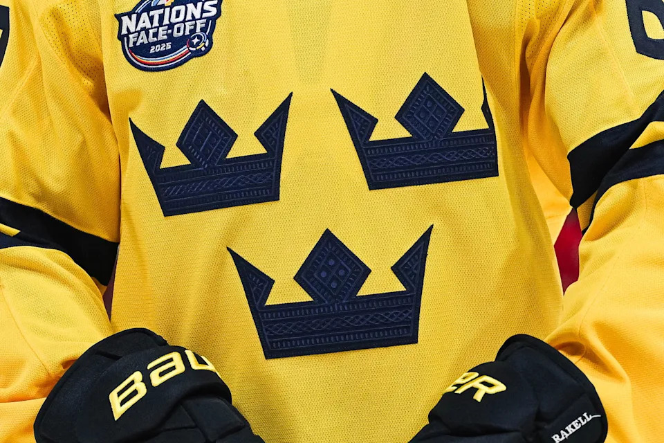 Feb 12, 2025; Montreal, Quebec, CAN; [Imagn Images direct customers only] View of a Team Sweden logo on a jersey worn by a member of the team during a 4 Nations Face-Off ice hockey game at Bell Centre. Mandatory Credit: David Kirouac-Imagn Images