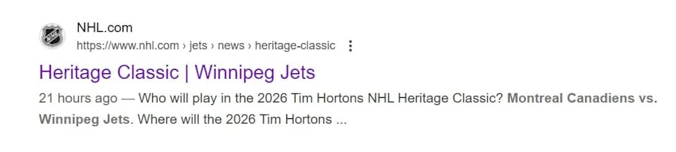 A Google search still turns up a notice about the Heritage Classic game, but the link doesn't lead to a story. It goes to the Jets homepage with no news about the game.