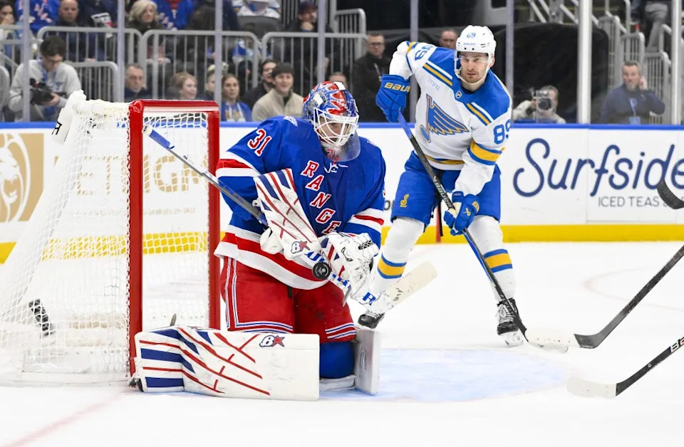 Igor Shesterkin makes one of his 26 saves as Pavel Buchnevich (89) looks for a rebound during the Rangers’ overtime road win over the Blues. Jeff Curry-Imagn Images