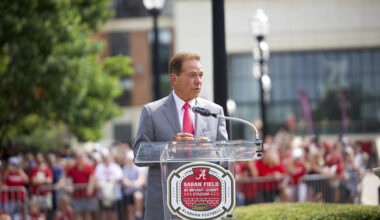 Former Alabama head coach Nick Saban speaks after the field at Bryant-Denny Stadium is named in his honor on Sep. 7, 2024, outside of Saban Field at Bryant-Denny Stadium, in Tuscaloosa, Alabama.