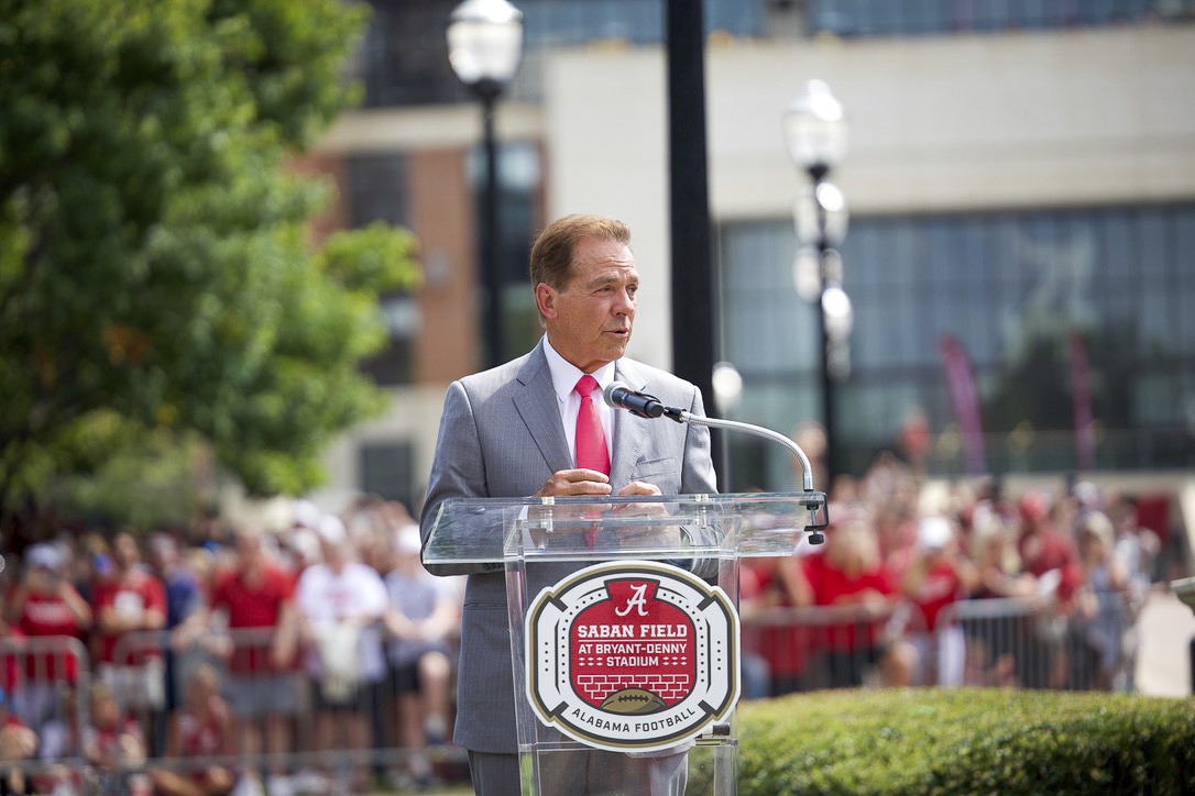 Former Alabama head coach Nick Saban speaks after the field at Bryant-Denny Stadium is named in his honor on Sep. 7, 2024, outside of Saban Field at Bryant-Denny Stadium, in Tuscaloosa, Alabama.