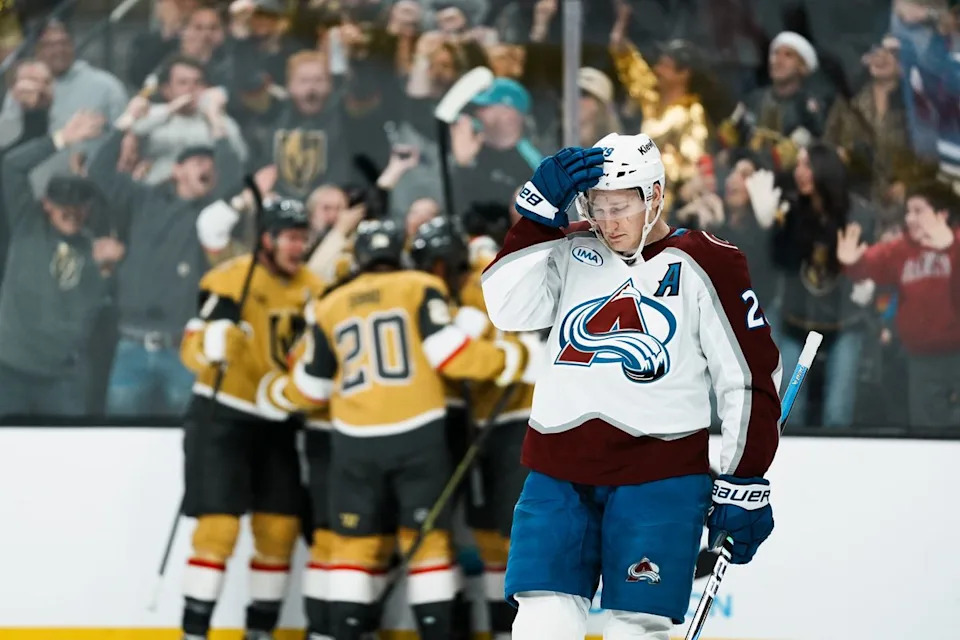 Colorado Avalanche center Nathan MacKinnon (29) reacts to a Golden Knights goal during third period of NHL game against Vegas Golden Knights on Saturday Dec. 27, 2025 at T-Mobile Arena in Las Vegas.