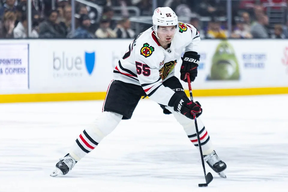 Chicago Blackhawks defense Artyom Levshunov (55) moves up the puck during an NHL game against the Los Angeles Kings on December 6, 2025 in Los Angeles, Calif.