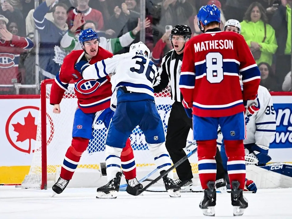 Canadiens winger Florian Xhekaj fights Maple Leafs’ Dakota Mermis during the third period in Montreal on Nov. 22.