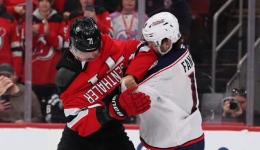 Fights at NJ Devils vs Blue Jackets game after Brenden Dillon fall