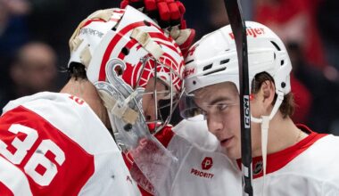 Gibson blanks Canucks; Wings move into first place