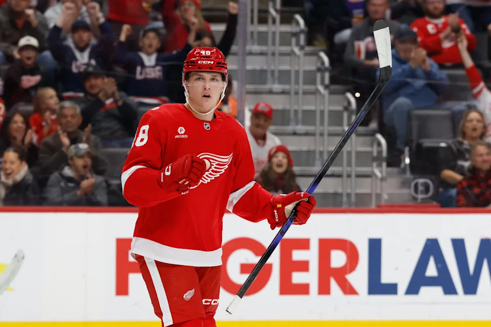 Detroit Red Wings right wing Jonatan Berggren (48) celebrates after scoring in the second period against the St. Louis Blues at Little Caesars Arena on Saturday, Oct. 25, 2025.