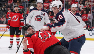 Sean Monahan scored twice and seemingly everyone dropped the gloves in a huge, 5-3 road win for the Columbus Blue Jackets over the New Jersey Devils on Monday night.