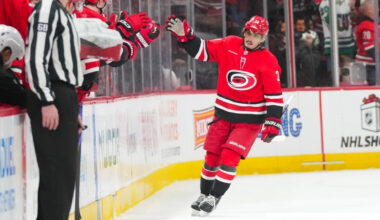 Dec 9, 2025; Raleigh, North Carolina, USA; Carolina Hurricanes center Seth Jarvis (24) celebrates his goal against the Columbus Blue Jackets during the second period at Lenovo Center.