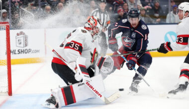 Dec 11, 2025; Columbus, Ohio, USA; Ottawa Senators goaltender Linus Ullmark (35) saves the puck as Columbus Blue Jackets left wing Miles Wood (11) looks for a shot during the second period at Nationwide Arena.