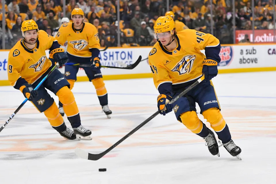 Oct 9, 2025; Nashville, Tennessee, USA; Nashville Predators center Brady Martin (44) skates with the puck against the Columbus Blue Jackets during the second period at Bridgestone Arena. Mandatory Credit: Steve Roberts-Imagn Images