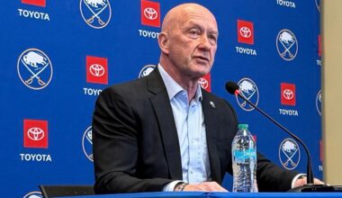 Buffalo Sabres new general manager Jarmo Kekalainen addresses the media during an NHL hockey news conference Tuesday, Dec. 16, 2025, in in Buffalo, N.Y. (AP Photo/John Wawrow)
