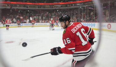 Chicago Blackhawks center Jason Dickinson warms up before an NHL hockey game against the Detroit Red Wings, Wednesday, Nov. 6, 2024, in Chicago. (AP Photo/Erin Hooley)