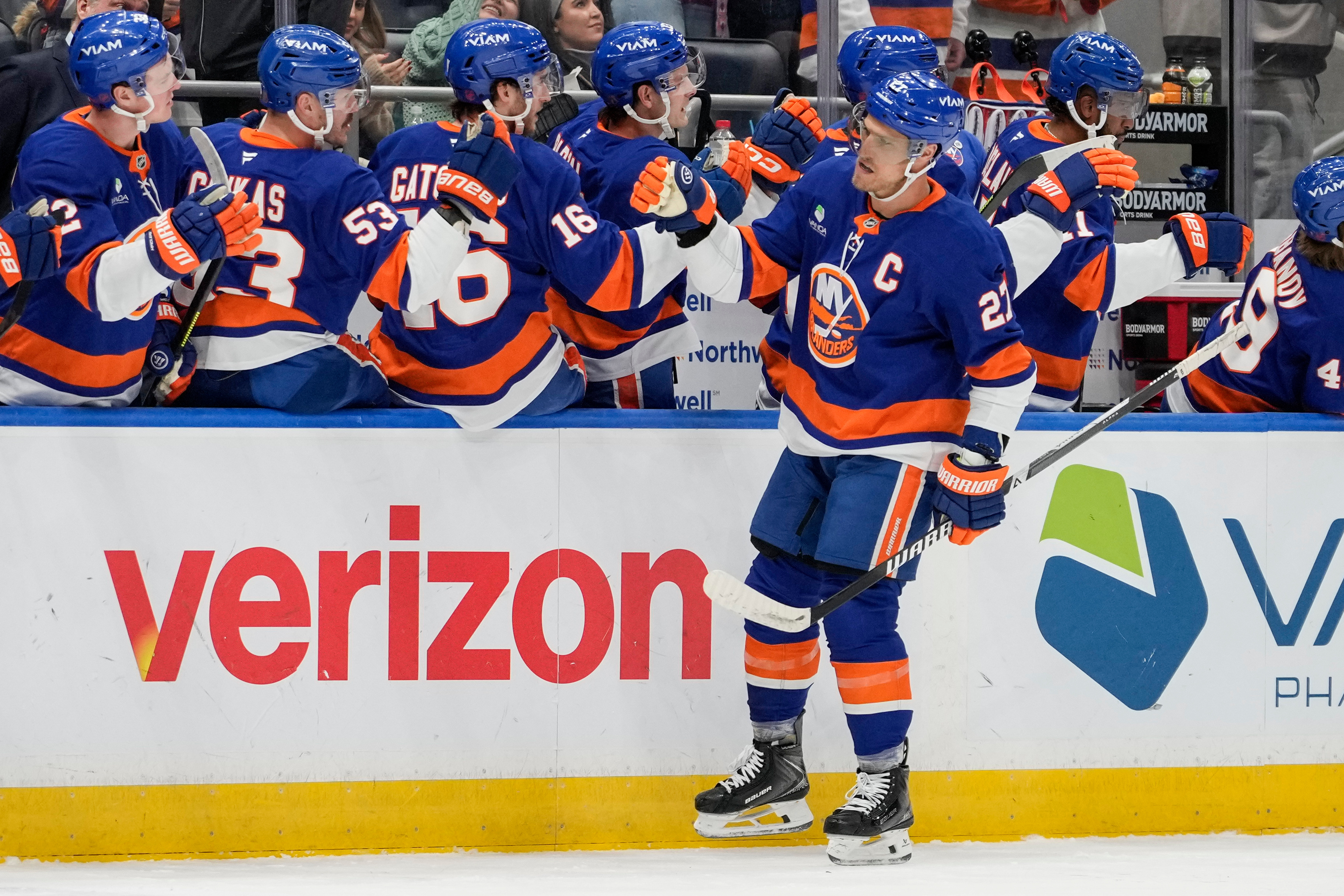 New York Islanders left wing Anders Lee (27) celebrates with...