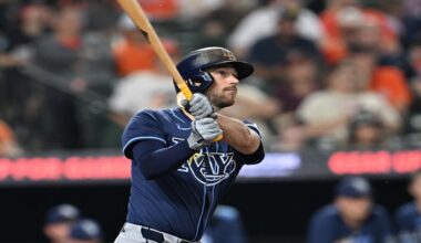 Tampa Bay Rays Brandon Lowe follows through on a solo home run against the Baltimore Orioles in the third inning of a baseball game, Wednesday, Sept. 24, 2025, in Baltimore. (AP Photo/Gail Burton, File)
