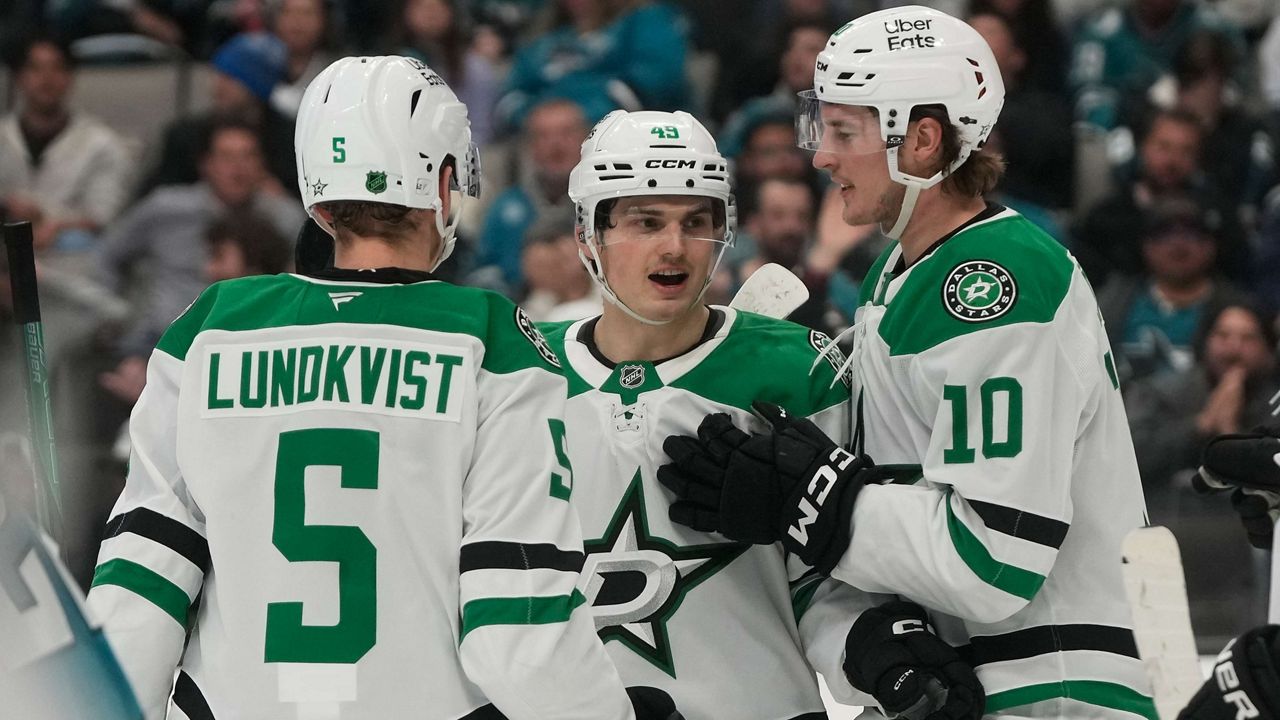 Dallas Stars center Justin Hryckowian, middle, is congratulated by defenseman Nils Lundkvist (5) and center Oskar Bäck (10) after scoring against the San Jose Sharks during the second period of an NHL hockey game in San Jose, Calif., Thursday, Dec. 18, 2025. (AP Photo/Jeff Chiu)