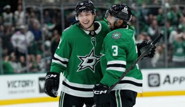 Dallas Stars left wing Jason Robertson (21) and Mathew Dumba (3) celebrate after Robertson scored against the San Jose Sharks in the first period of an NHL hockey game in Dallas, Wednesday, Nov. 20, 2024. (AP Photo/Tony Gutierrez)
