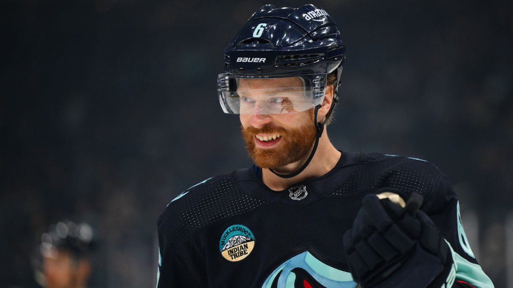 Seattle Kraken defenseman Adam Larsson (6) during the first period against the St. Louis Blues at Climate Pledge Arena.