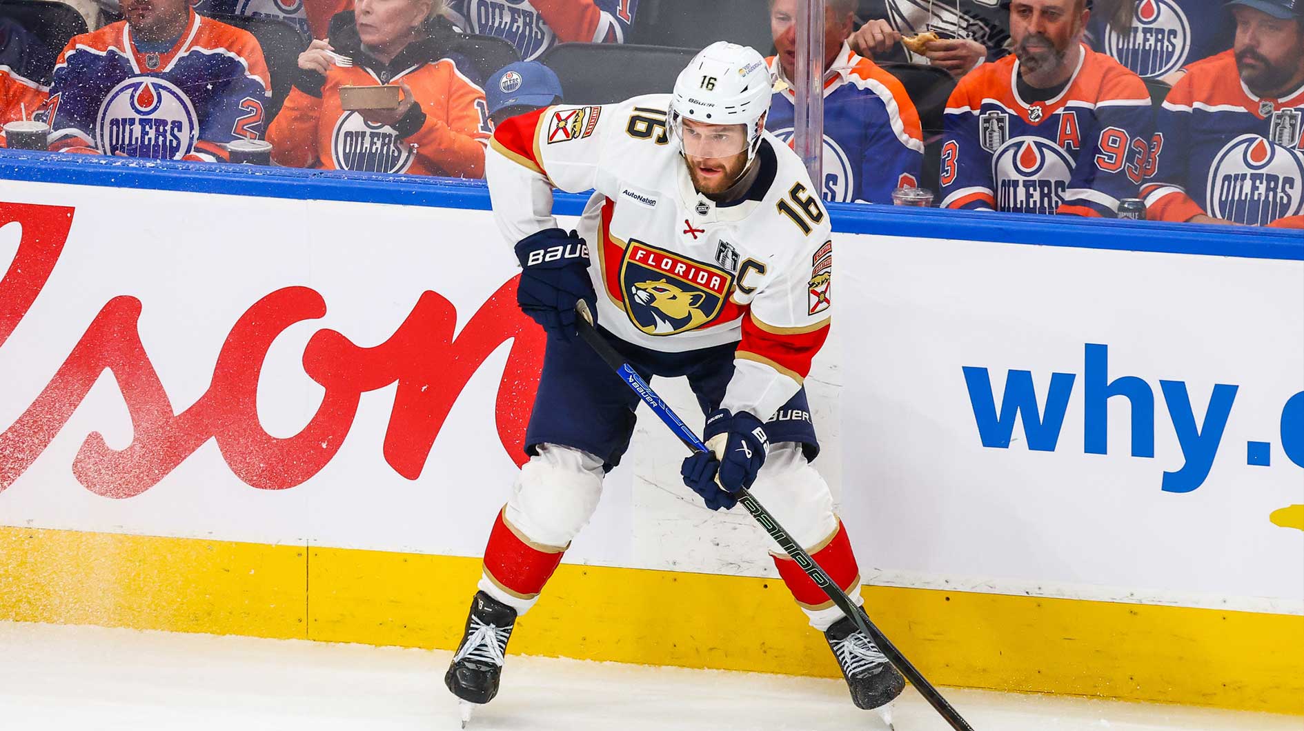 Florida Panthers center Aleksander Barkov (16) controls the puck against the Edmonton Oilers during the second period in game five of the 2025 Stanley Cup Final at Rogers Place.
