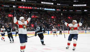 The Florida Panthers celebrate a goal by center Sam Bennett (9) during the second period of the game against the Utah Mammoth at Delta Center.