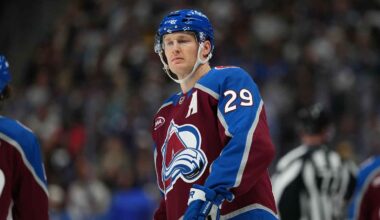 Colorado Avalanche right wing Valeri Nichushkin (13) congratulates goaltender Scott Wedgewood (41) after the Avalanche defeated the Vegas Golden Knights 4-2 at T-Mobile Arena.