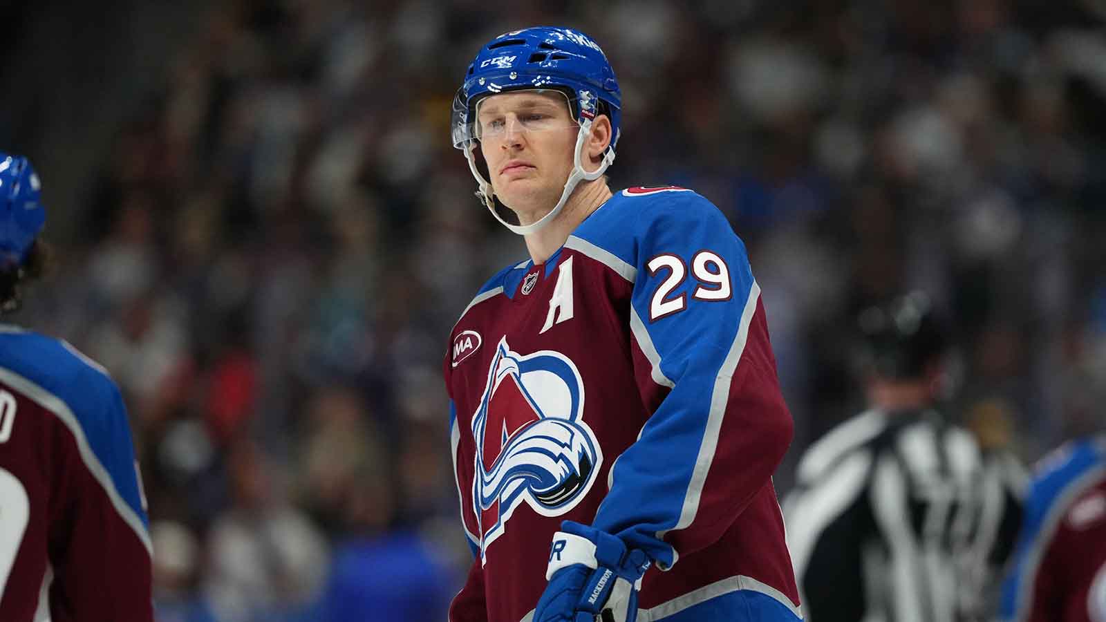Colorado Avalanche right wing Valeri Nichushkin (13) congratulates goaltender Scott Wedgewood (41) after the Avalanche defeated the Vegas Golden Knights 4-2 at T-Mobile Arena.