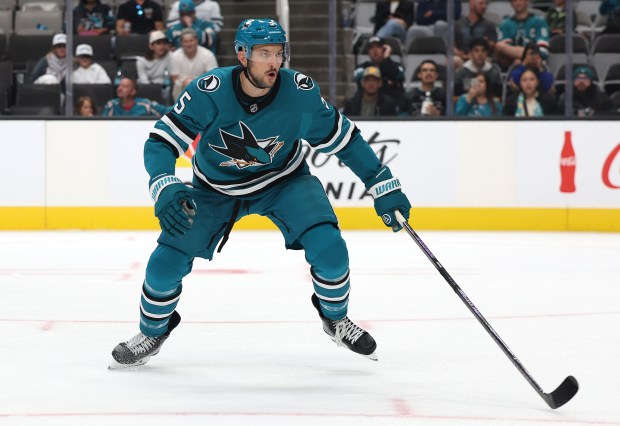 San Jose Sharks defenseman Vincent Desharnais (5) skates against the Vegas Golden Knights during their game on Sunday, Sept. 21, 2025, in San Jose, Calif. (Aric Crabb/Bay Area News Group)