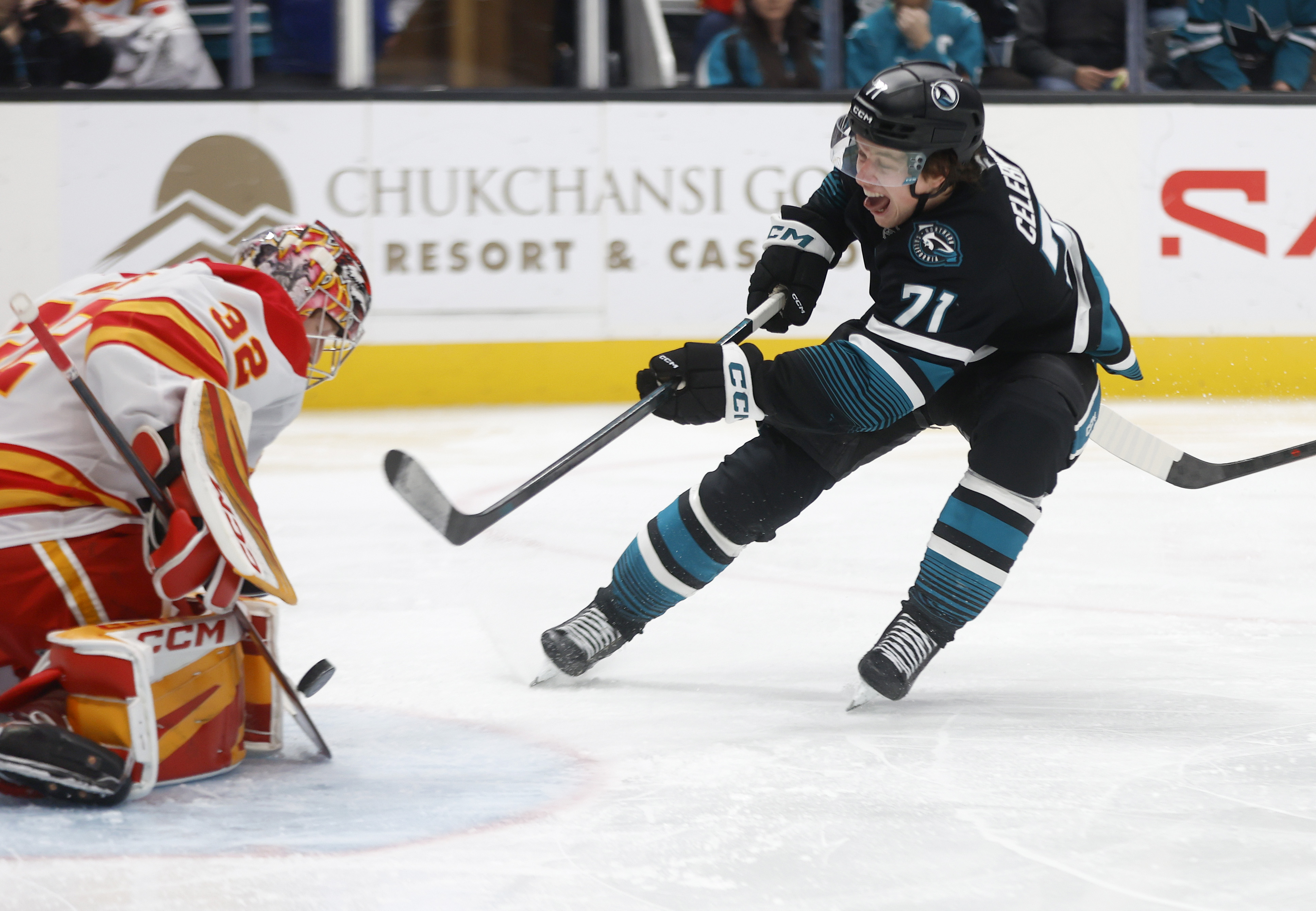 San Jose Sharks’ Macklin Celebrini (71) scores a goal against...
