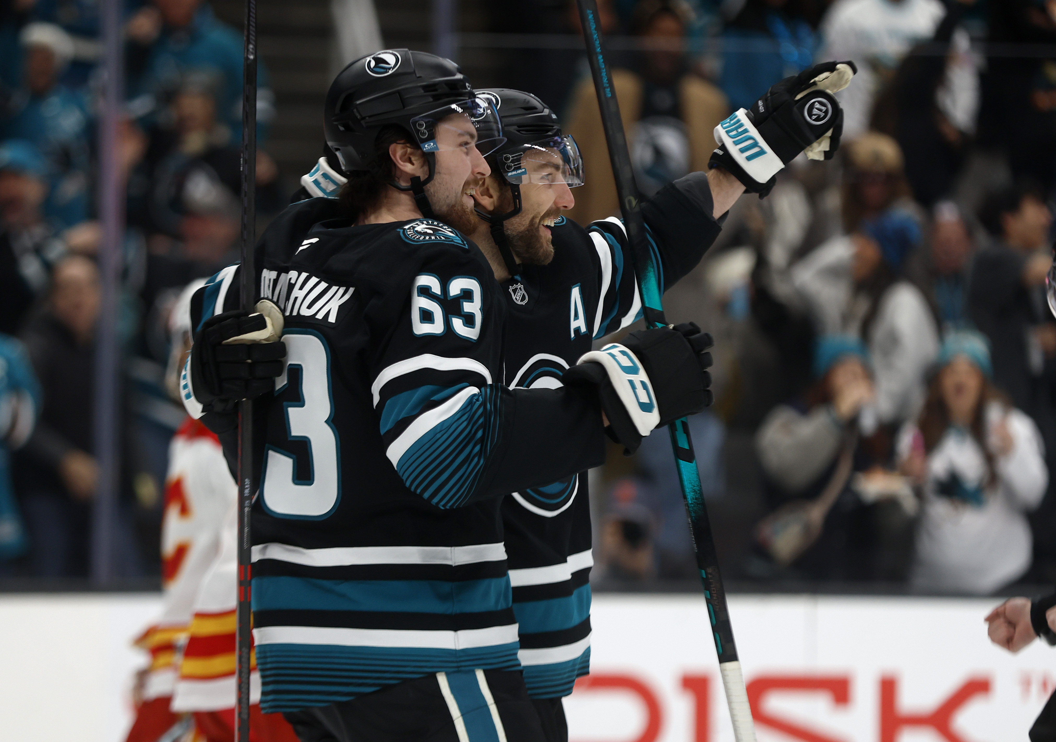 San Jose Sharks’ Barclay Goodrow (23) celebrates his goal with...
