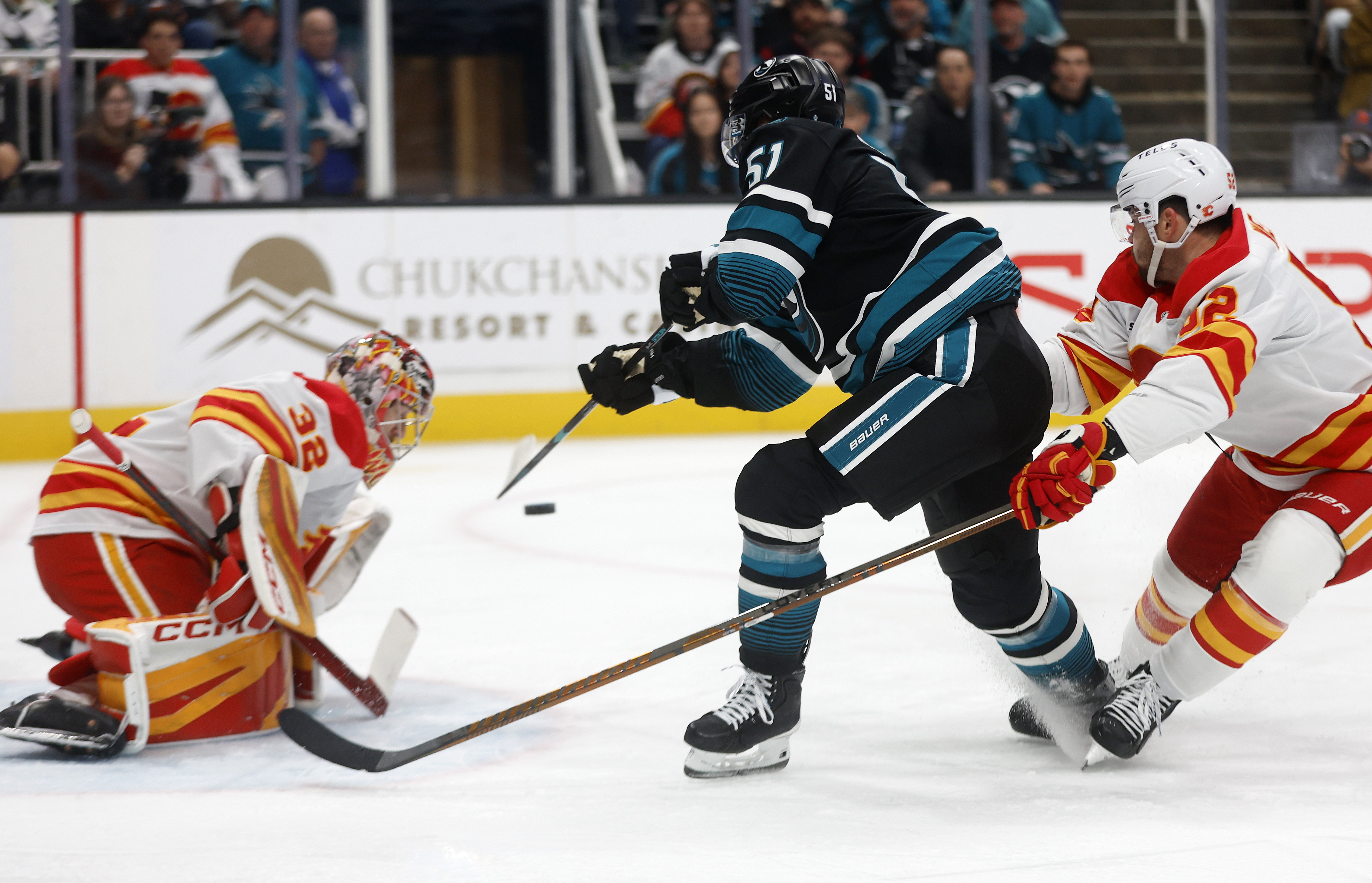 San Jose Sharks’ Collin Graf (51) takes a shot against...