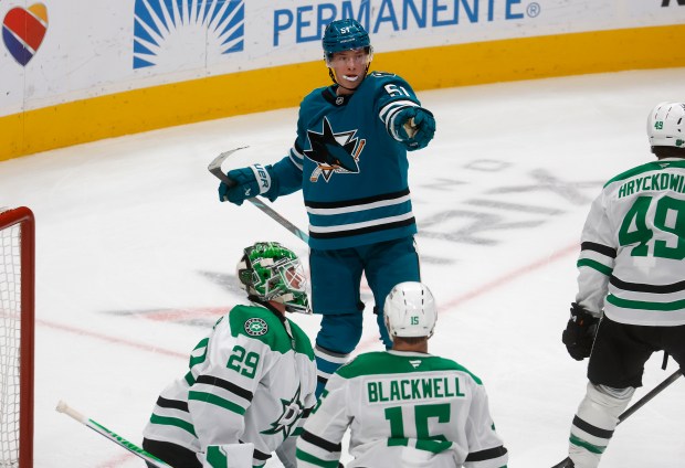 San Jose Sharks' Collin Graf (51) celebrates his goal against the Dallas Stars in the second period at the SAP Center in San Jose, Calif., on Thursday, Dec. 18, 2025. (Nhat V. Meyer/Bay Area News Group)