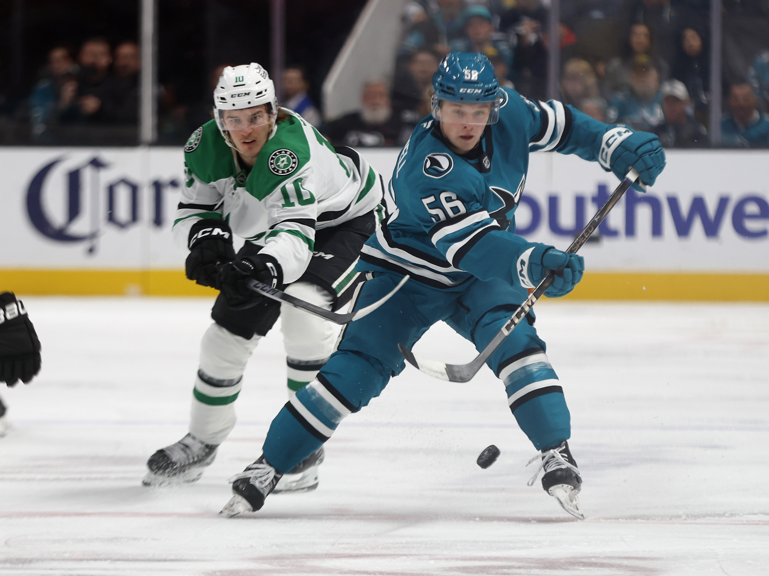San Jose Sharks' Ethan Cardwell (56) passes the puck against...