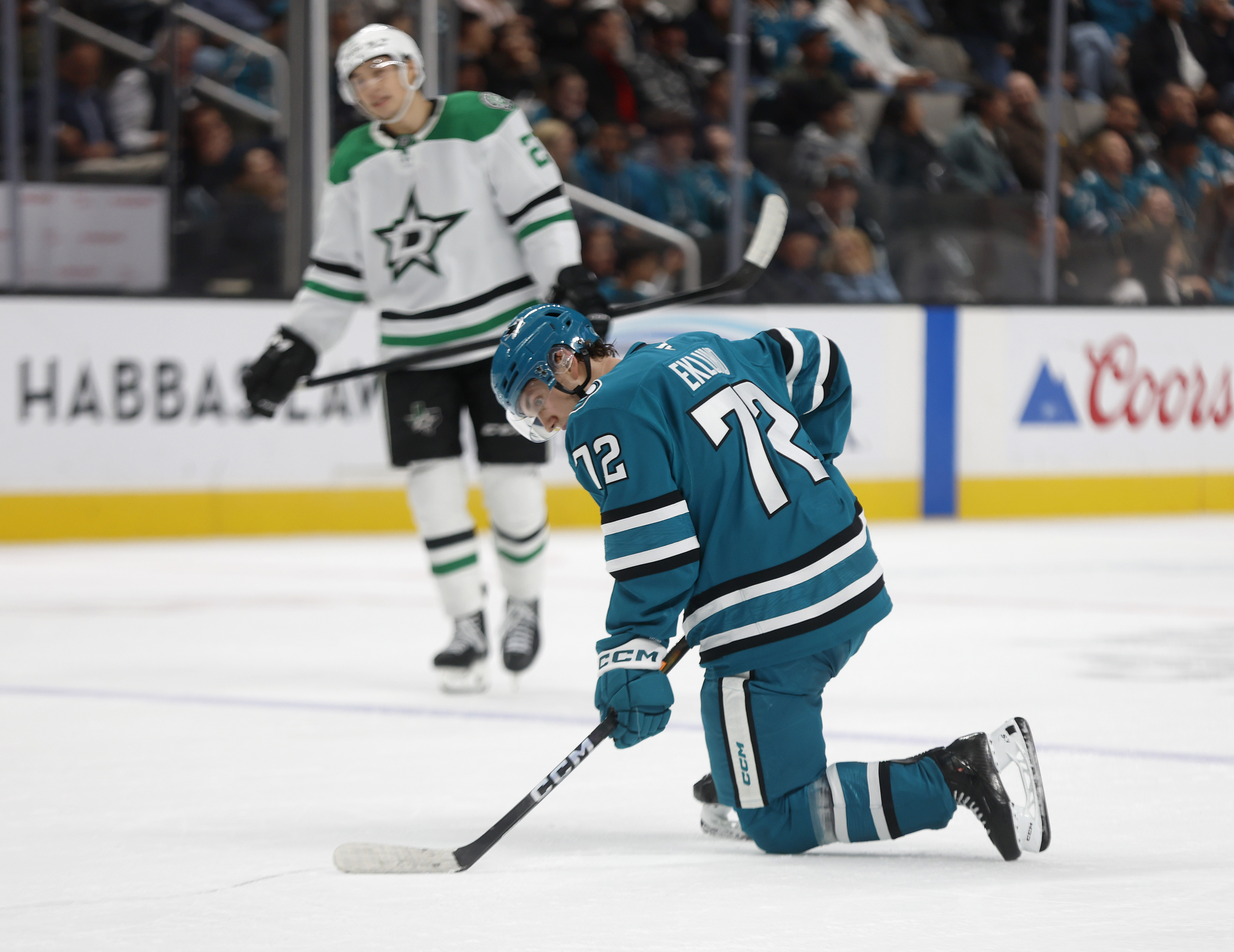 San Jose Sharks’ William Eklund (72) reacts to an empty...
