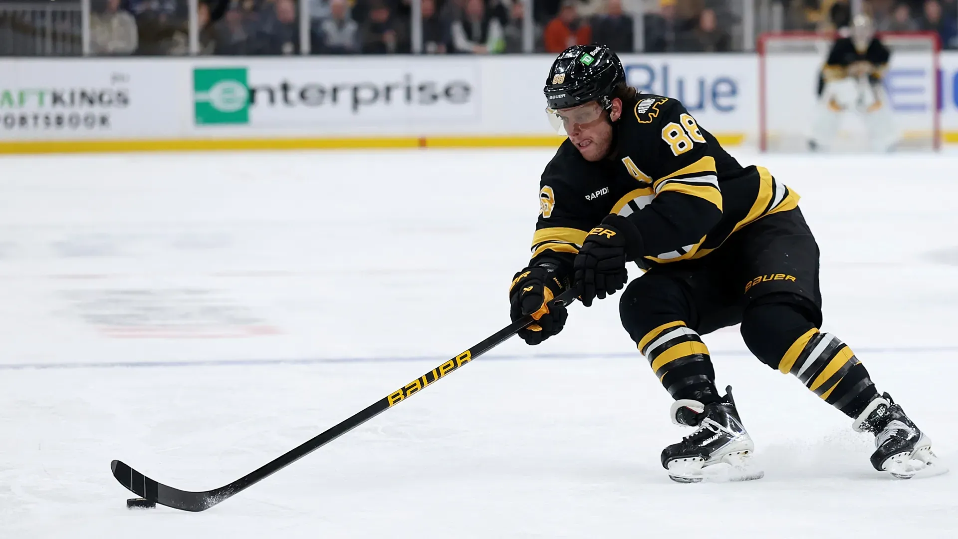David Pastrnak #88 of the Bruins skates against the Maple Leafs . Maddie Meyer/Getty Images