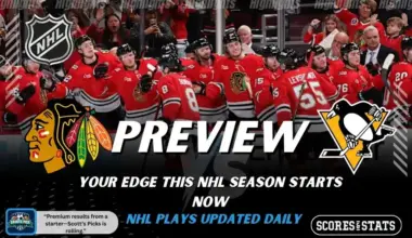 NHL preview graphic featuring Chicago Blackhawks and Pittsburgh Penguins logos with Blackhawks players celebrating on the bench and the word preview across the center