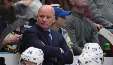 St. Louis Blues head coach Jim Montgomery () in the second period of an NHL hockey game Saturday, March 29, 2025, in Denver.