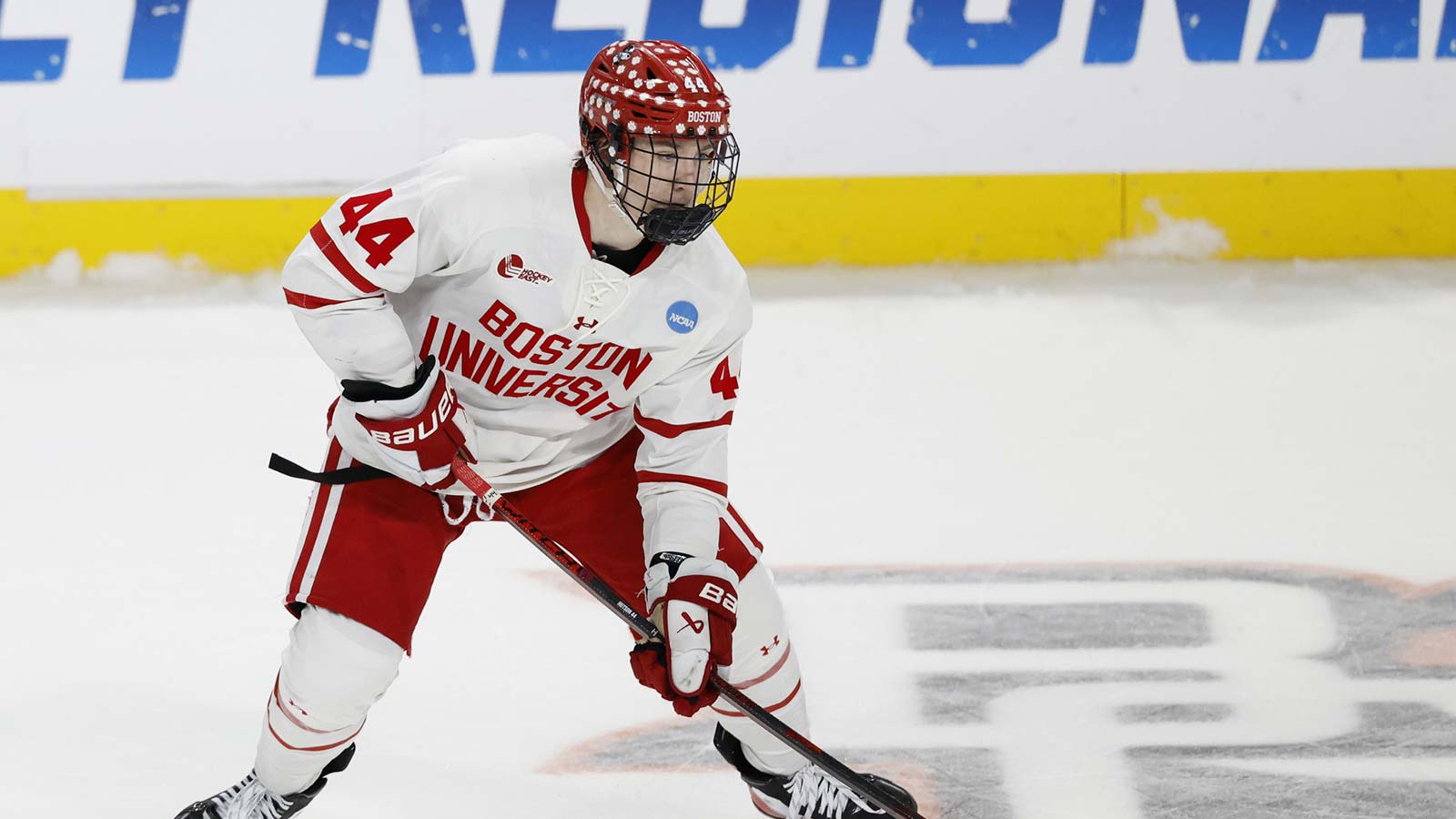  Boston University defenseman Cole Hutson (44) skates with the puck in the third period against the Cornell at Huntington Center. 