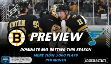 Boston Bruins and St Louis Blues featured in NHL preview graphic ahead of their upcoming matchup.