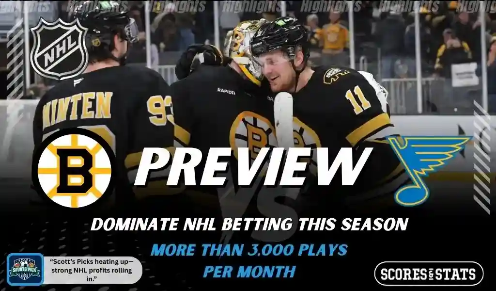 Boston Bruins and St Louis Blues featured in NHL preview graphic ahead of their upcoming matchup.