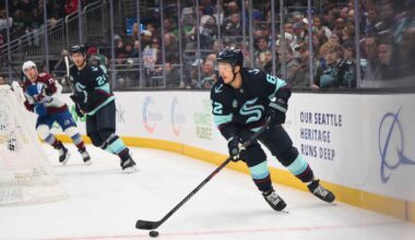 Seattle Kraken left wing Mason Marchment (27) shoots the puck against the Utah Mammoth during the third period at Delta Center.